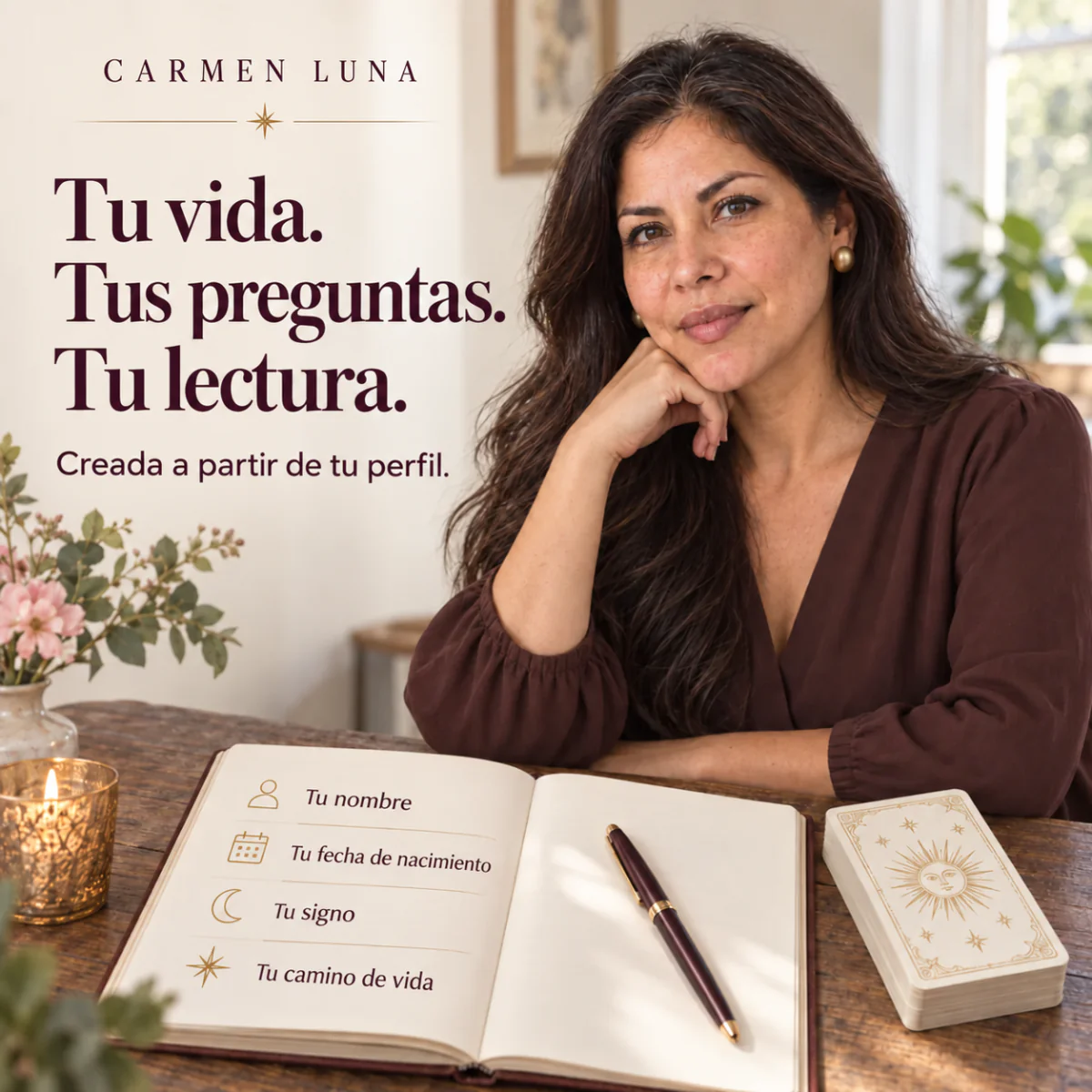 Tu vida. Tus preguntas. Tu lectura. Una lectura creada a partir de tu perfil personal: tu nombre, fecha de nacimiento, signo y camino de vida.